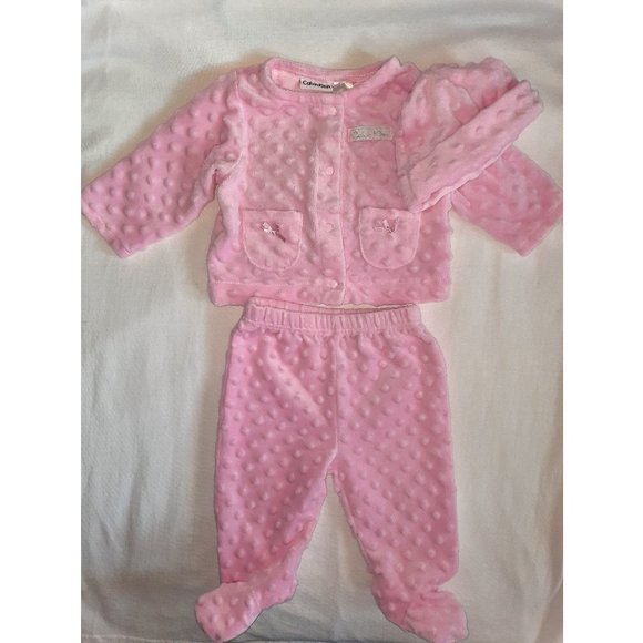 *NWT* Calvin Klein pink velour cute 3 PC Shirt w/snaps & Footed Pants SET w/ Hat - Picture 1 of 2